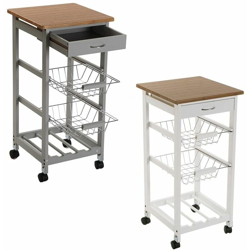 foto del prodotto cosedacasa carrello slim da cucina in legno porta frutta verdura bottiglia di vino stretto 2 cestini e cassetto ripiano salvaspazio