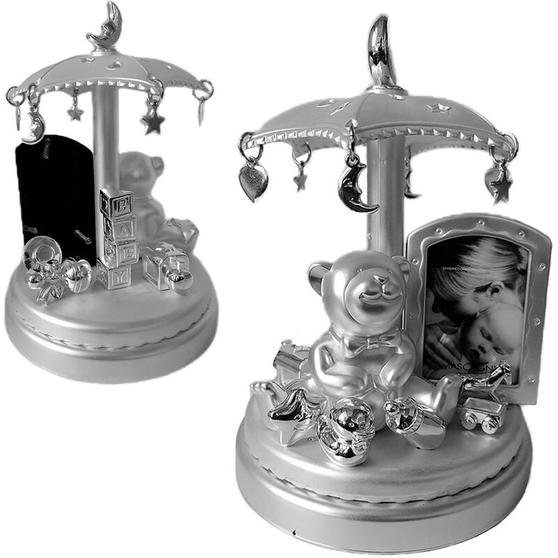 foto del prodotto cosedacasa giostra portafoto con carillon da tavolo cornice argento per neonato bimbi bambini 5x7cm moderno vintage bellissimo