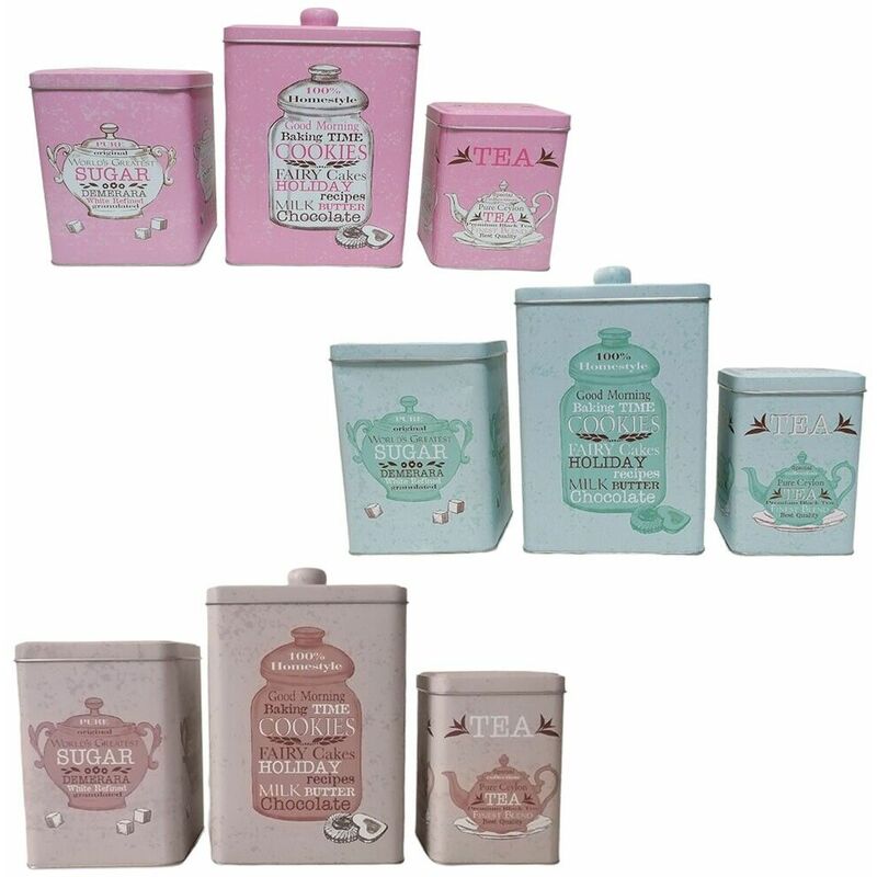foto del prodotto cosedacasa set 3 barattoli in latta con coperchio per sale tea biscotti rosa verde beige per alimenti colorigenerali beige