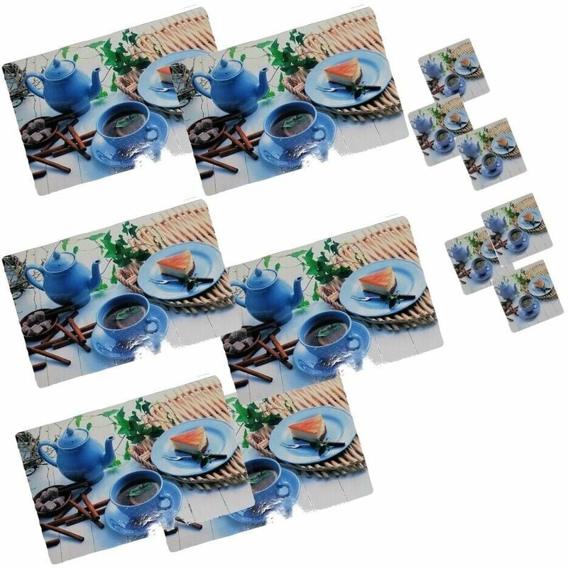 foto del prodotto cosedacasa - tovaglietta americane da colazione set da 6 tovagliette e sotto tazze tazzoni facile da pulire antiscivolo - decoro: set 6+6 fantasia tè- torta