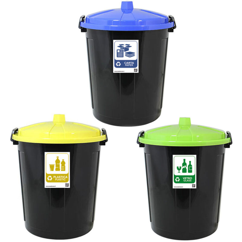 foto del prodotto cosedacasa tris 3 bidoni contenitori per la raccolta differenziata di carta plastica vetro new con coperchio chiurura antiodori e randagismo per