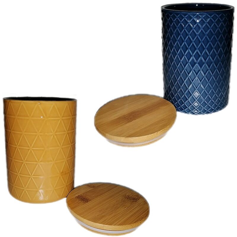 foto del prodotto cosedacasa tris barattoli contenitori giallo blu porta sale zucchero caff per cucina ceramica e legno 900ml capienti forti e resistenti misura 