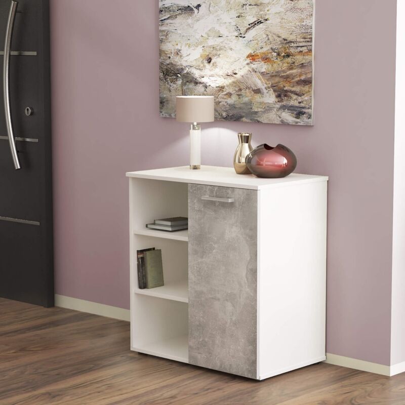 foto del prodotto cosma mobiletto ingresso moderno con 1 anta battente e 3 mensole a vista di colore bianco e cemento chiaro mod. mark