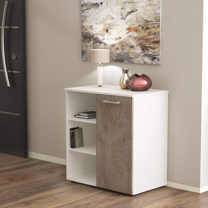 foto del prodotto cosma mobiletto ingresso moderno con 1 anta battente e 3 mensole a vista di colore bianco e rovere chiaro mod. mark