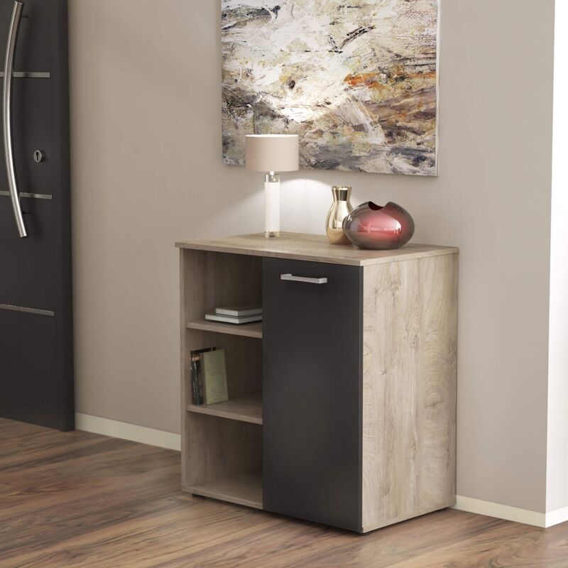 foto del prodotto cosma mobiletto ingresso moderno con 1 anta battente e 3 mensole a vista di colore rovere chiaro e antracite mod. mark