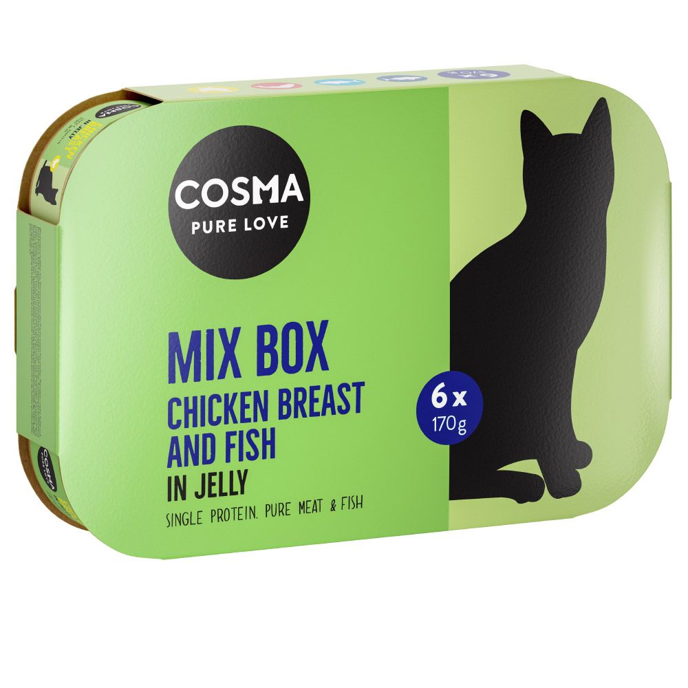 foto del prodotto cosma original in gelatina 12 x 170 g - mix: 4 x tonno pacifico + 2 x tonno skipjack + 2 x pollo + 4 x salmone