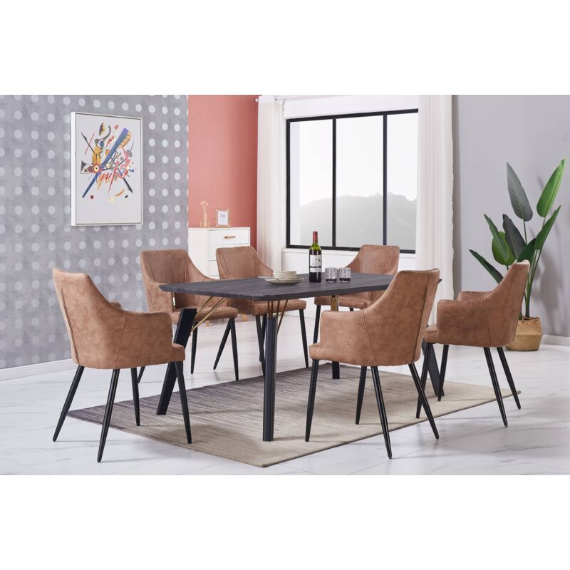 foto del prodotto cosmo lux zarah dining set un tavolo da pranzo in legno nero e un set di 6 sedie da pranzo in pelle marrone sala da pranzo cucina