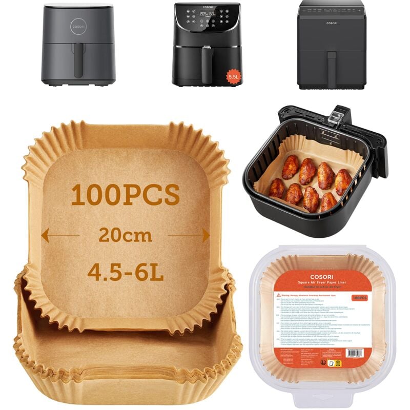 foto del prodotto cosori carta forno per friggitrice ad aria 100 pezzi, teglie per air fryer 4,5 6l quadrati, antigrasso antiaderente fodera in carta monouso per
