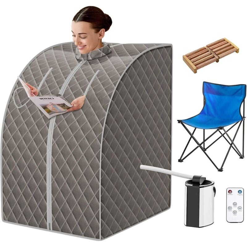 foto del prodotto costway 1000 w sauna a vapore portatile con telecomando, sauna domestica bagno di vapore con sedia, sauna spa 3l, funziona timer 15 90 min grigio 