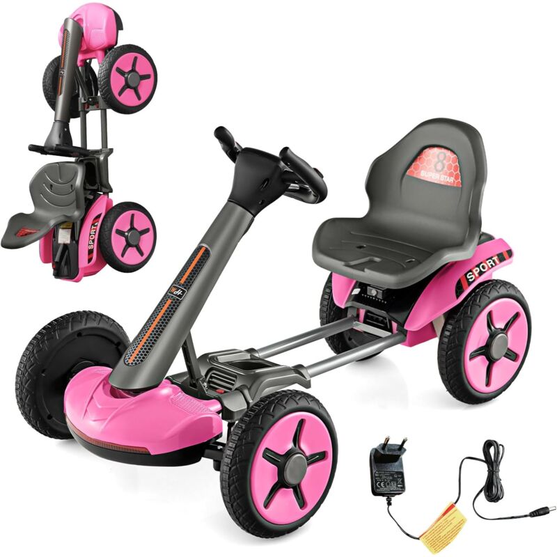 foto del prodotto costway 12v go kart elettrico per bambini, go kart pieghevole con portabicchiere, volante e sedile regolabili e funziona lento avvio, per bambini