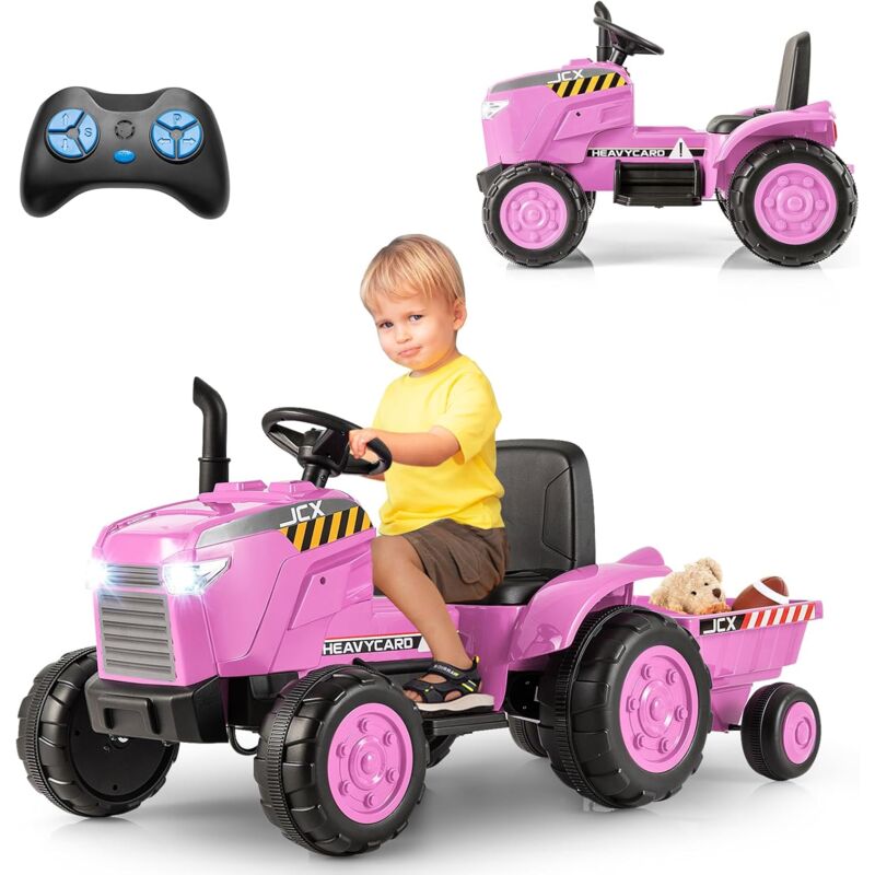 foto del prodotto costway 12v tracteur lectrique enfant avec remorque amovible t l commande, voiture lectrique 6 pneus avec lumi re led musique chemin e,
