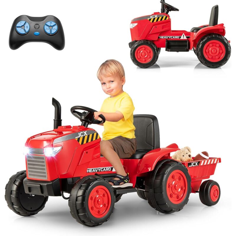 foto del prodotto costway 12v tracteur lectrique enfant avec remorque amovible t l commande, voiture lectrique 6 pneus avec lumi re led musique chemin e,