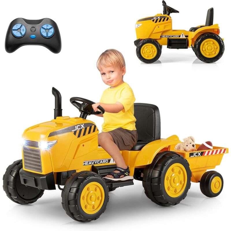 foto del prodotto costway 12v tracteur lectrique enfant avec remorque amovible t l commande, voiture lectrique 6 pneus avec lumi re led musique chemin e,