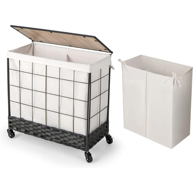 foto del prodotto costway 130 l cesto portabiancheria con coperchio, cesto per bucato con sacchetto interno divisibile removibile e ruote bloccabili, con maniglia, per