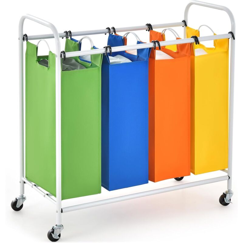 foto del prodotto costway 136l cesto portabiancheria con ruote, con 4 borse rimovibili e lavabili, struttura in metallo, ideale per bagno lavanderia, 82x39x85 cm
