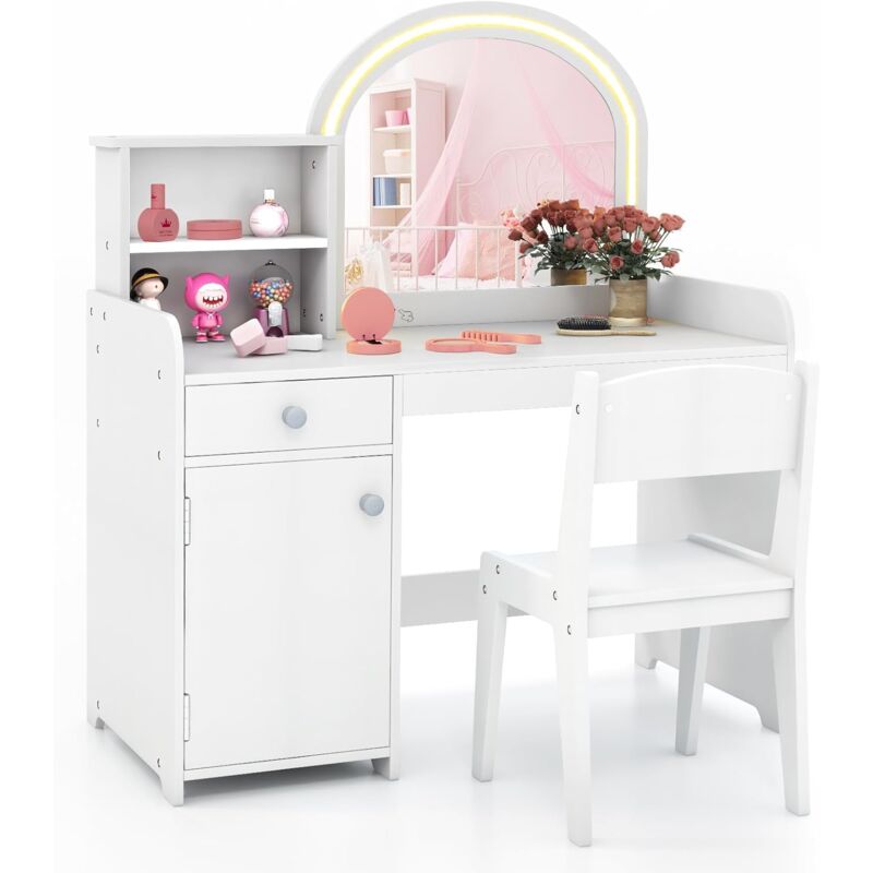 foto del prodotto costway 2 en 1 bureau enfants avec chaise 120 lumi res led, coiffeuse enfants fille avec miroir acrylique, 2 etag res tiroir, dispositif