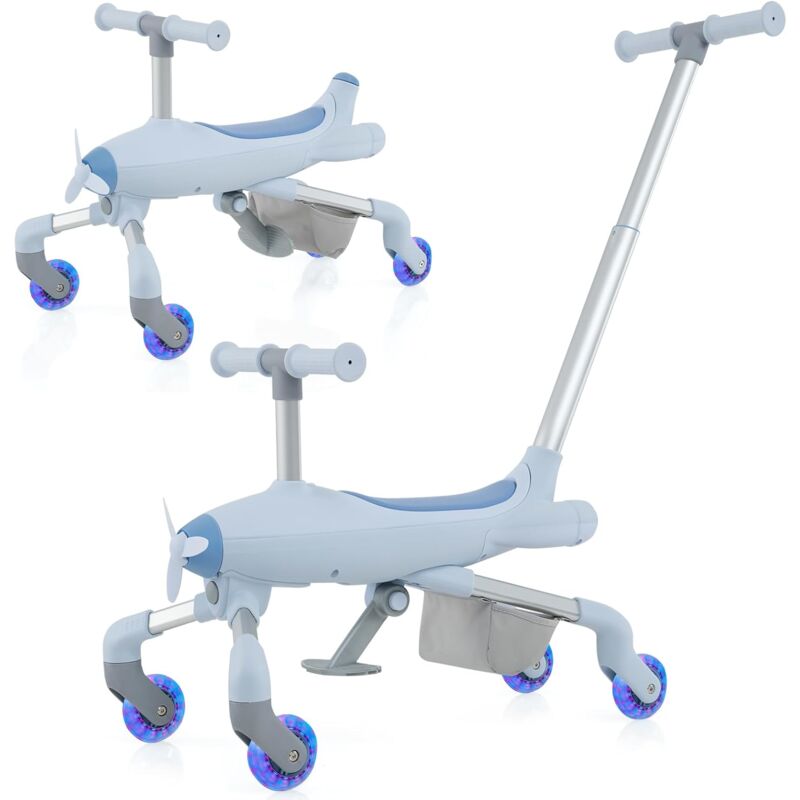 foto del prodotto costway 2 in 1 auto a spinta per bambini, giocattolo scorrevole con luci a led maniglia rimovibile e regolabile, poggiapiedi pieghevole e cestino