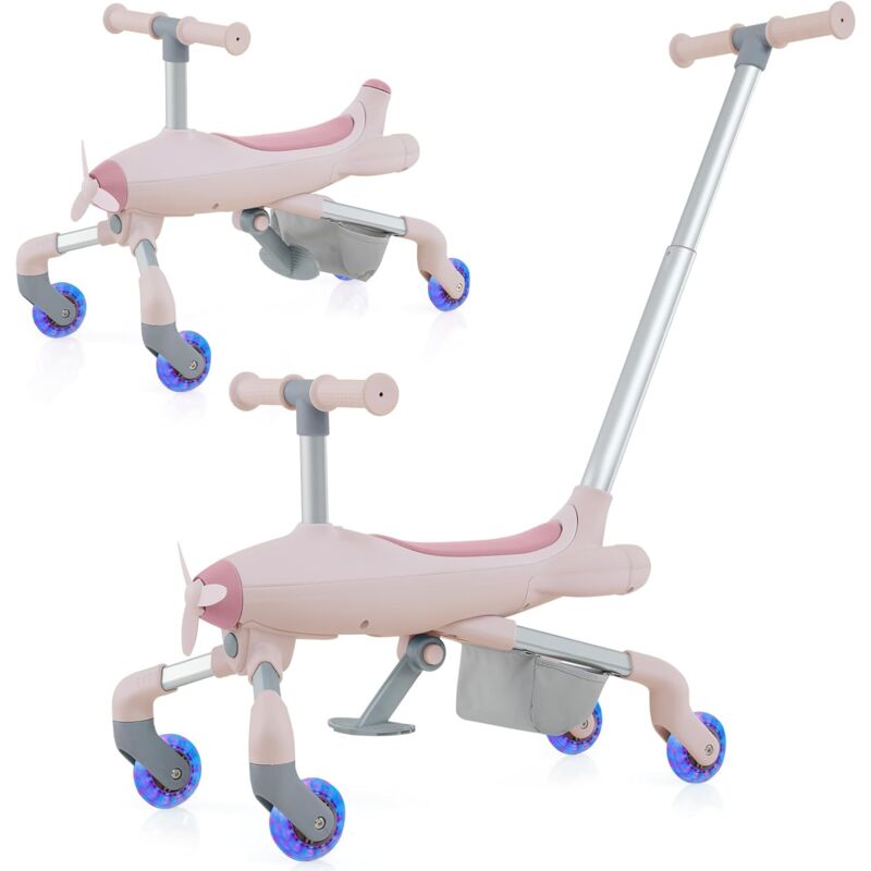 foto del prodotto costway 2 in 1 auto a spinta per bambini, giocattolo scorrevole con luci a led maniglia rimovibile e regolabile, poggiapiedi pieghevole e cestino