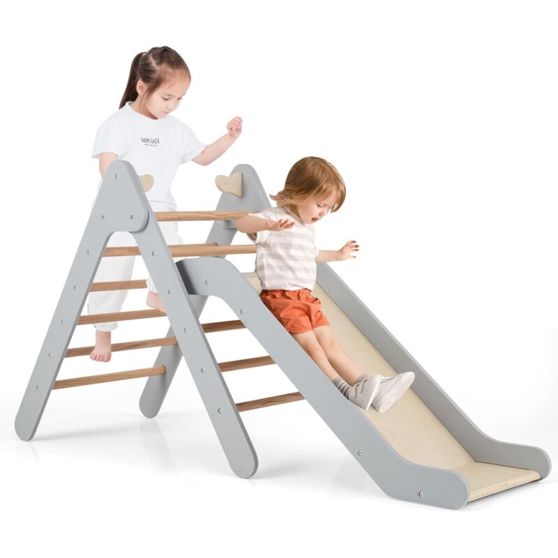 foto del prodotto costway 2 in 1 set da arrampicata con scivolo per bambini, triangolo di arrampicata in legno regolabile a gradi, giocattolo per arrampicarsi
