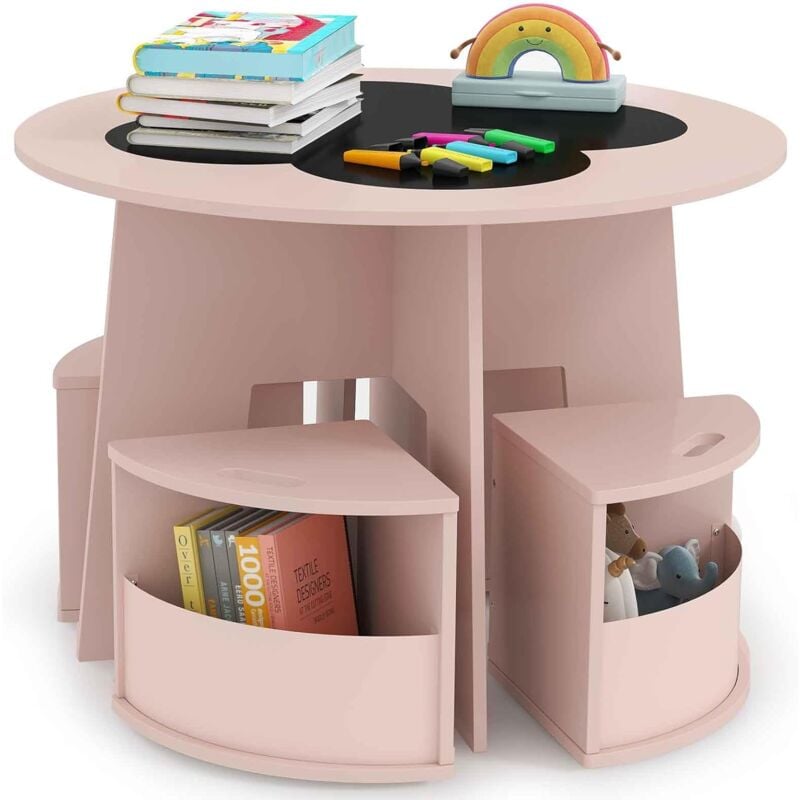 foto del prodotto costway 2 in 1 set tavolino per bambini e 4 sedie salvaspazio, tavolo rotondo con lavagna e sedie con portaoggetti, tavolino montessori in legno