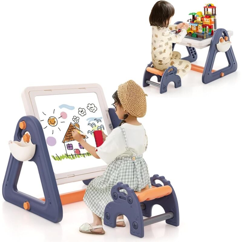 foto del prodotto costway 2 in 1 set tavolo e cavalletto per bambini, tavolo multiattivit con sedia e piano reversibile, set tavolo attivit con 160 blocchi da