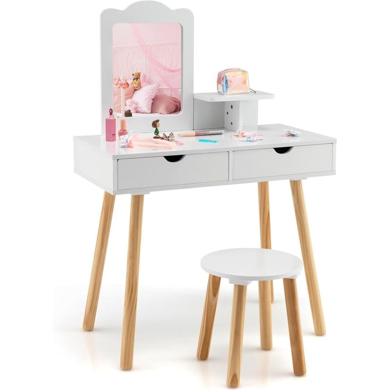 foto del prodotto costway 2 in 1 set toeletta per bambini, postazione trucco in legno con sgabello, specchio rettangolare staccabile e 2 cassetti capienti, ideale