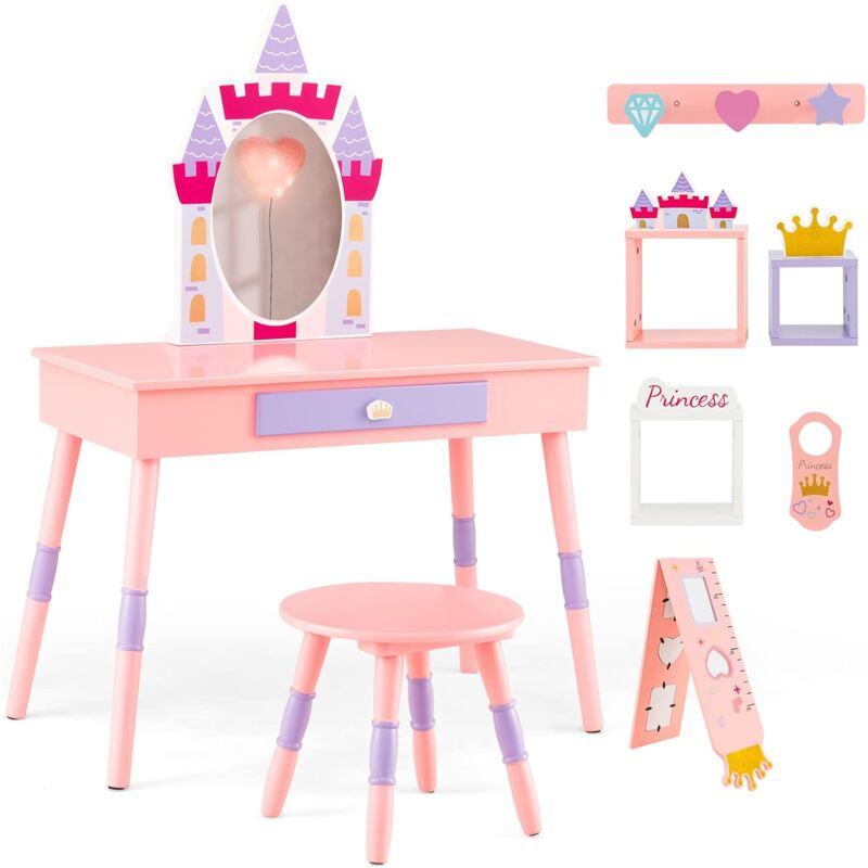 foto del prodotto costway 2 in 1 set toletta per bambini con sgabello e specchio rimovibile, tavolo da trucco con molti accessori e cassetto, specchiera bambina a
