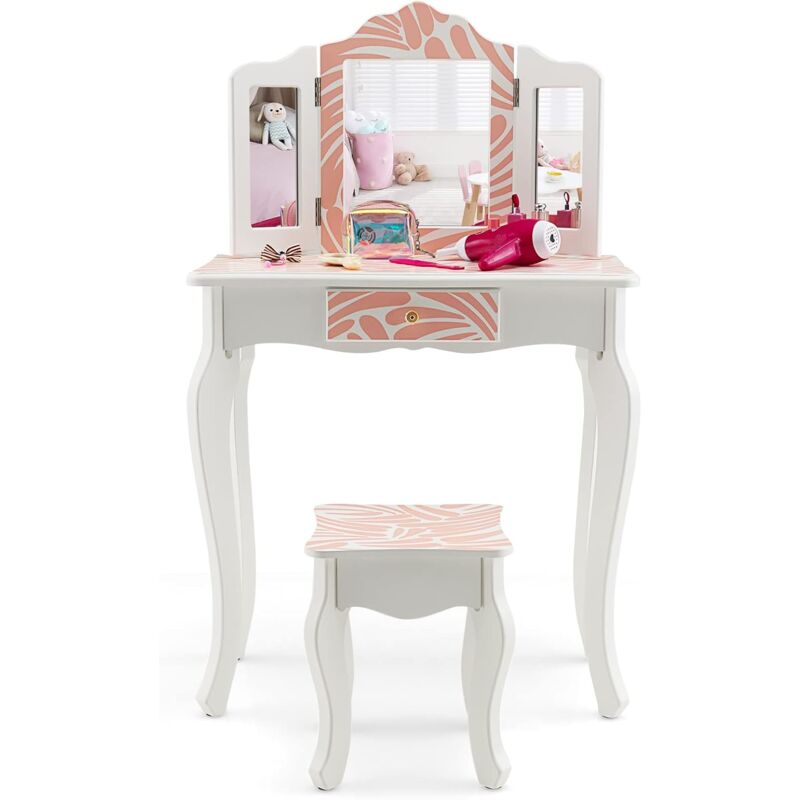 foto del prodotto costway 2 in 1 toeletta trucco con sgabello per bambini, tavolo da trucco con cassetto con 3 specchi pieghevole, specchio rimovibile, 3 anni 