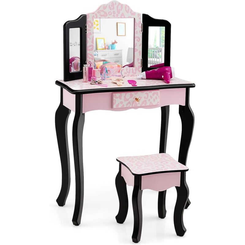 foto del prodotto costway 2 in 1 toeletta trucco per bambini con sgabello, tavolo per trucco con specchio triplo e cassetto, specchio rimovibile, 3 anni 