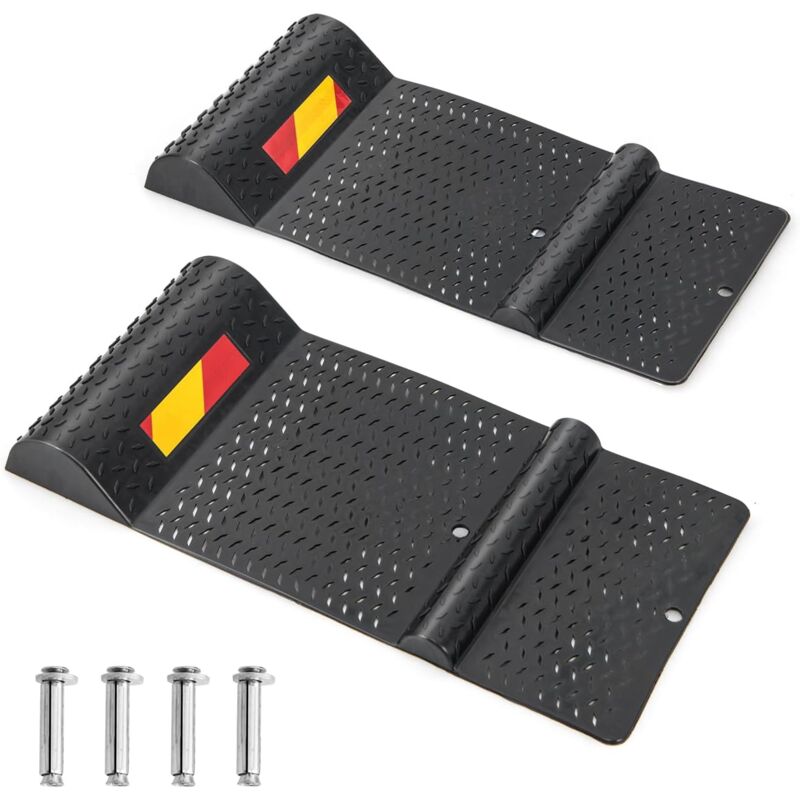 foto del prodotto costway 2 pezzi tappeto ferma ruote, set di fermaruote per parcheggio con striscia di avvertimento, superficie antiscivolo, 53 x 25,5 x 5 cm
