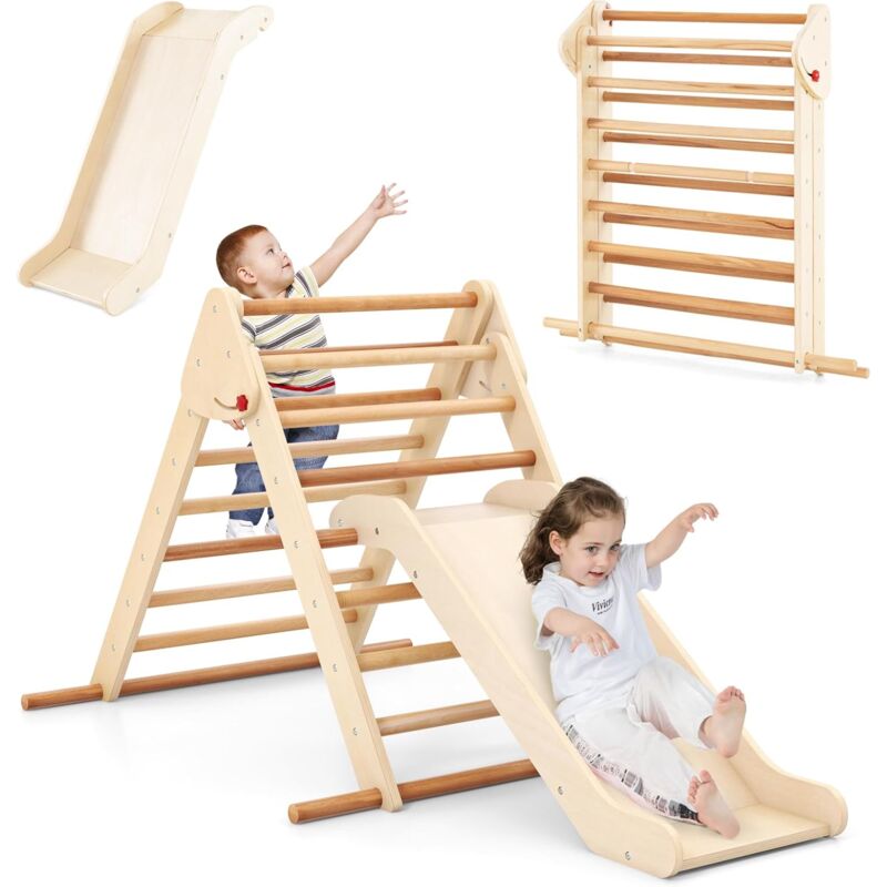 foto del prodotto costway 3 in 1 arrampicata giocattolo a triangolo per bambini, set di arrampicata con rampa di scivolo a 2 lati e inclinazione regolabile,