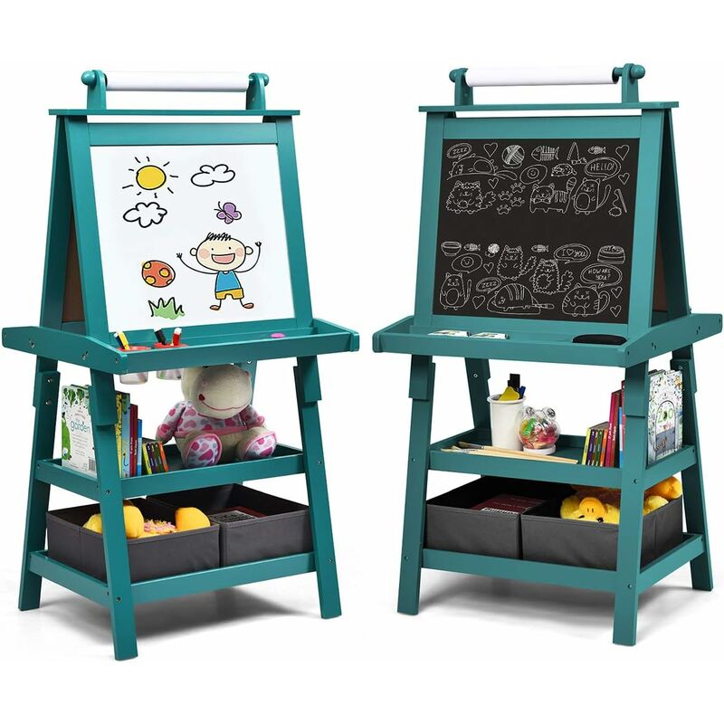 foto del prodotto costway 3 in 1 cavalletto per bambini con doppia faccia, cavalletto per disegno con 2 vassoi e 2 scatole, lavagna bambini in legno blu 
