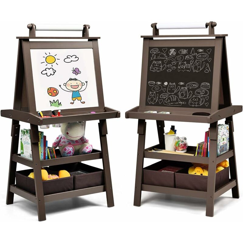 foto del prodotto costway 3 in 1 cavalletto per bambini con doppia faccia, cavalletto per disegno con 2 vassoi e 2 scatole, lavagna bambini in legno caff 