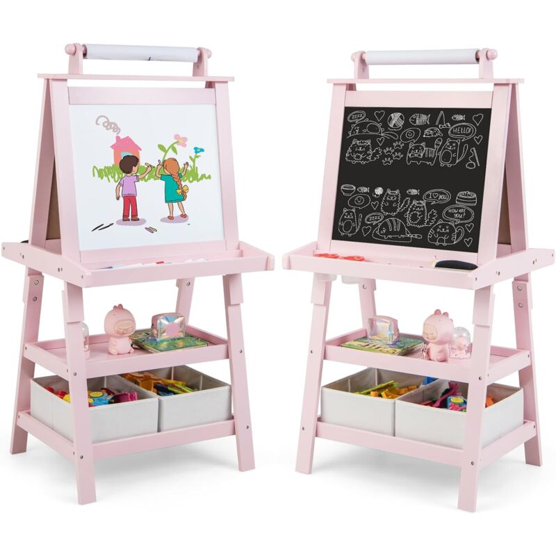 foto del prodotto costway 3 in 1 cavalletto per bambini con doppia faccia, cavalletto per disegno con 2 vassoi e 2 scatole, lavagna bambini in legno rosa 