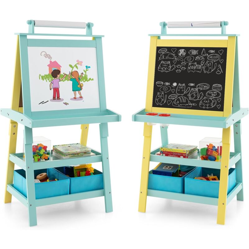 foto del prodotto costway 3 in 1 cavalletto per bambini con doppia faccia, cavalletto per disegno con 2 vassoi e 2 scatole, lavagna bambini in legno verde 