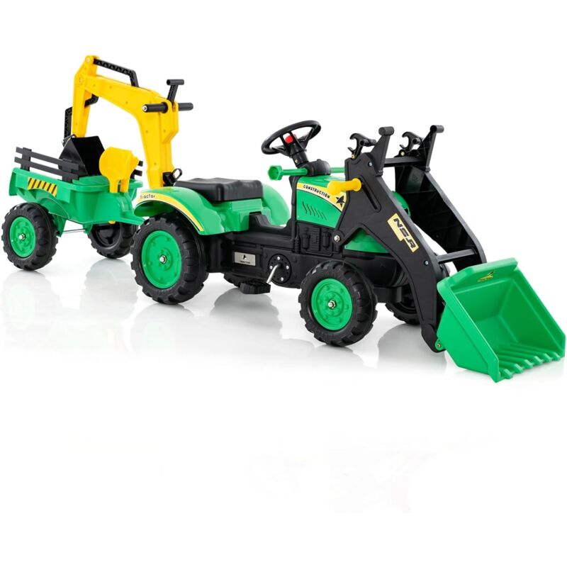 foto del prodotto costway 3 in 1 escavatore per bambini, trattore con rimorchio staccabile cavalcabile per bambini, con 6 ruote e 2 benne, per bambini 3 6 anni