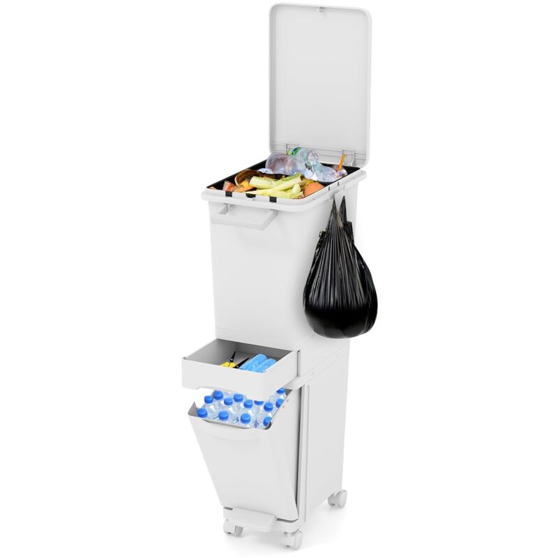 foto del prodotto costway 3 in 1 pattumiera 32l, cestino per rifiuti con 2 cassetti, 2 scomparti superiori e adesivi, pattumiera in plastica a pedale per cucina sala