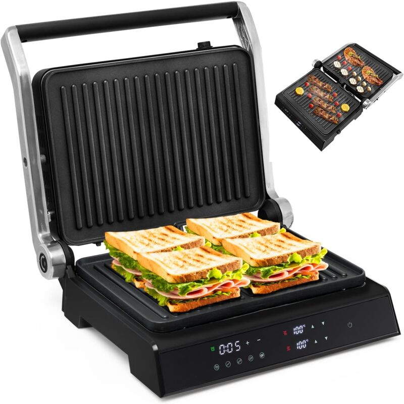 foto del prodotto costway 3 in 1 piastre per panini 2000 w, bistecchiera elettrica con 5 modalit automatiche, cottura bifacciali, timer 0 4h e display a led,