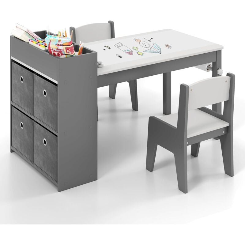 foto del prodotto costway 3 in 1 set tavola d arte e 2 sedie per bambini, tavolo in legno con rotolo di carta per disegnare, mobile montessori per cameretta con