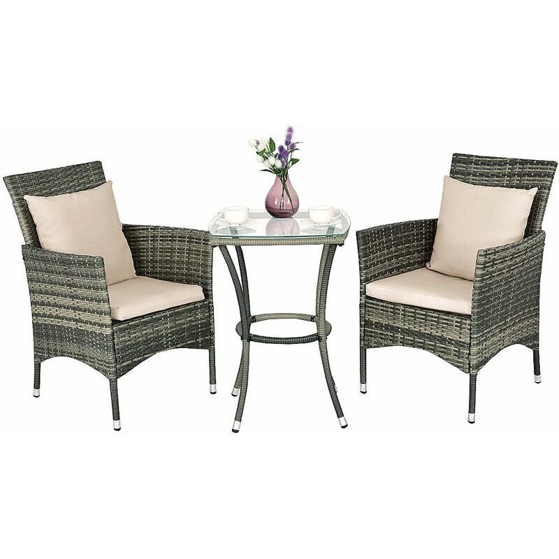 foto del prodotto costway 3 pezzi set mobili da giardino, set da esterno con cuscini 2 sedie e 1 tavolino con piano in vetro, in rattan pe, ideale per balcone