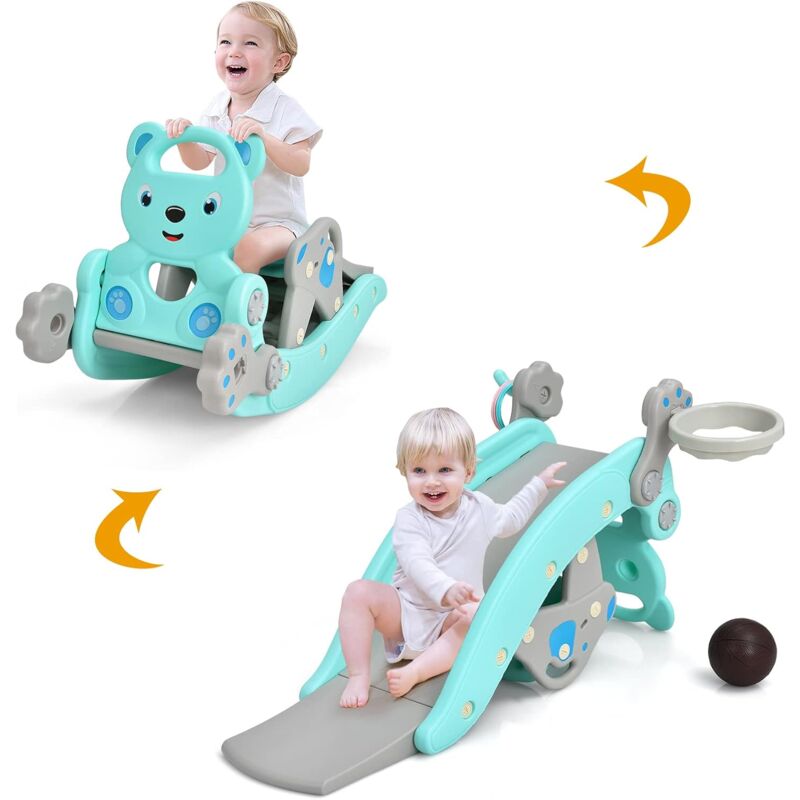 foto del prodotto costway 4 in 1 cavallo a dondolo scivolo per bambini, con canestro e lancio di anelli, et 1 5 anni, capacit di carico 60kg, per interno ed