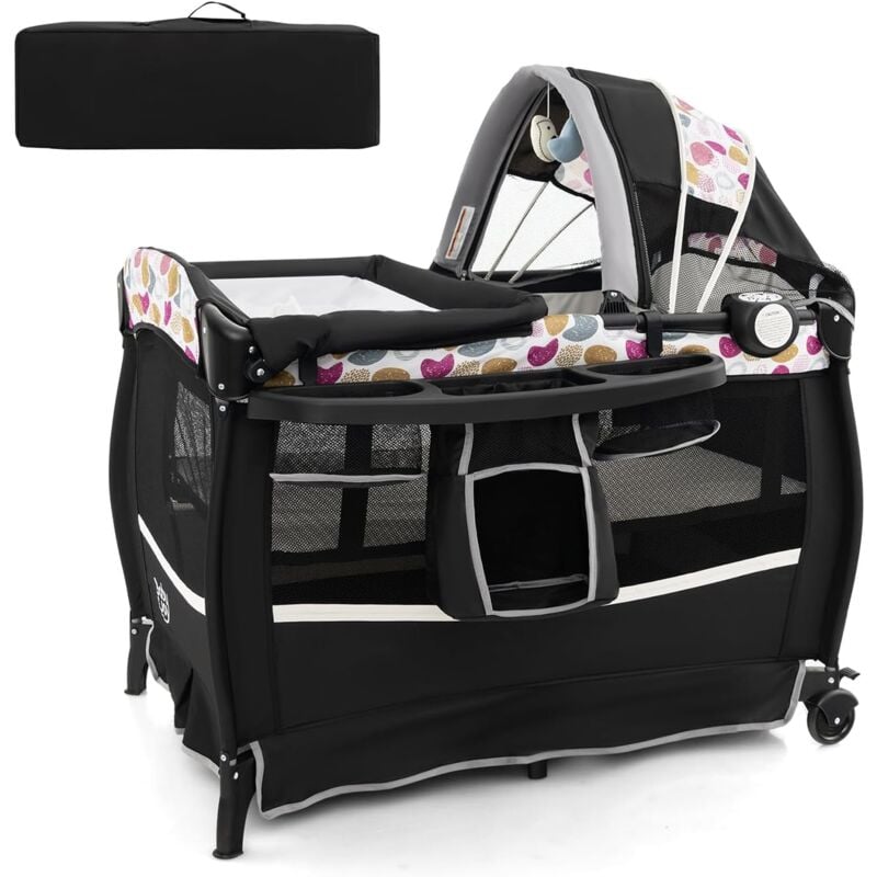 foto del prodotto costway 4 in 1 lettino da campeggio con fasciatoio, lettino pieghevole per bambini con materasso, centro neonati con culla, box musicale,