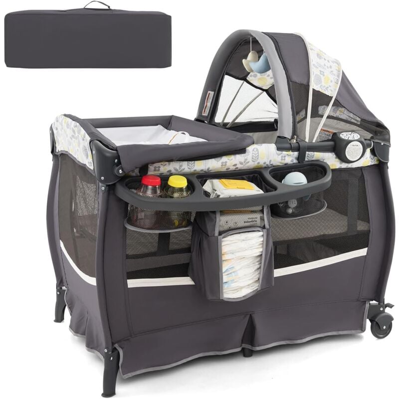 foto del prodotto costway 4 in 1 lettino da campeggio con fasciatoio, lettino pieghevole per bambini con materasso, centro neonati con culla, box musicale,
