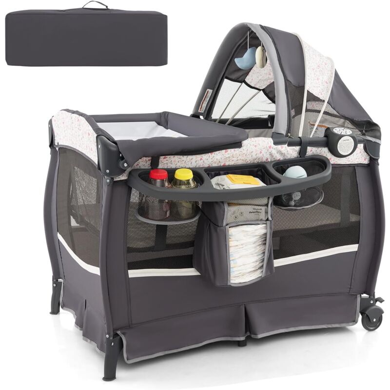 foto del prodotto costway 4 in 1 lettino da campeggio con fasciatoio, lettino pieghevole per bambini con materasso, centro neonati con culla, box musicale,
