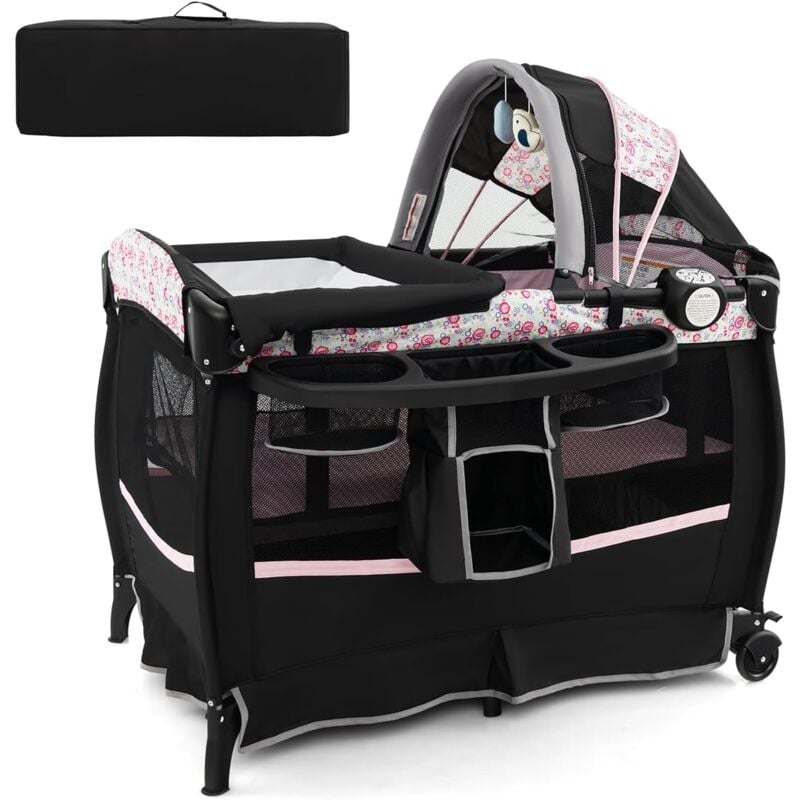 foto del prodotto costway 4 in 1 lettino da campeggio con fasciatoio, lettino pieghevole per bambini con materasso, centro neonati con culla, box musicale, cappottina