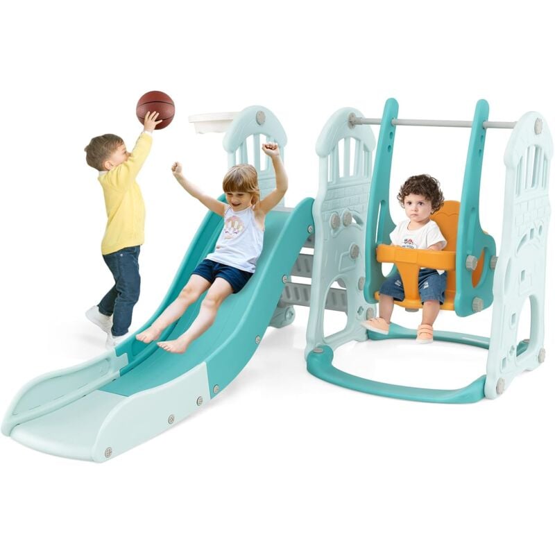 foto del prodotto costway 4 in 1 scivolo e altalena per bambini, parco giochi con scivolo altalena canestro da basket e arrampicata, set di gioco con pallone da