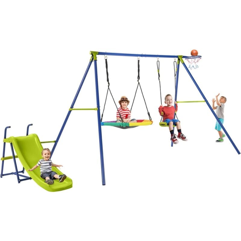 foto del prodotto costway 4 in 1 set di altalena da giardino per bambini con scivolo, canestro basket, altalena a nido, altalena con sedile, corde regolabili e