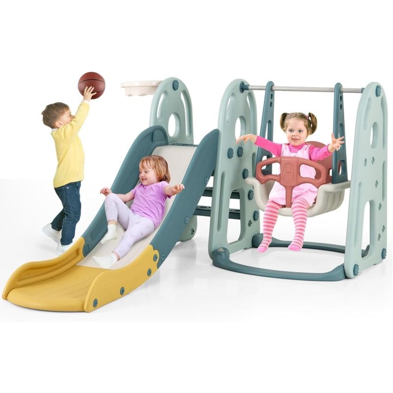 foto del prodotto costway 4 in 1 set di scivolo per bambini, parco giochi con altalena canestro da basket e arrampicata, pallone da basket e pompa, per bambini 18