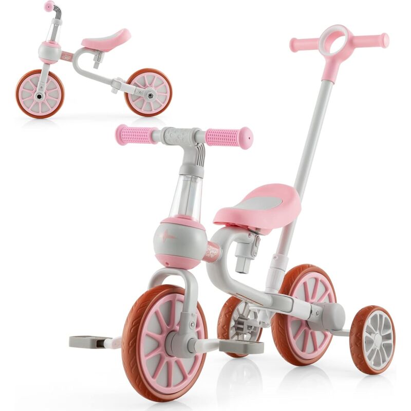 foto del prodotto costway 4 in 1 triciclo per bambini con maniglia di spinta, triciclo per bambini bicicletta equilibrio con maniglia, sedile regolabili e pedali