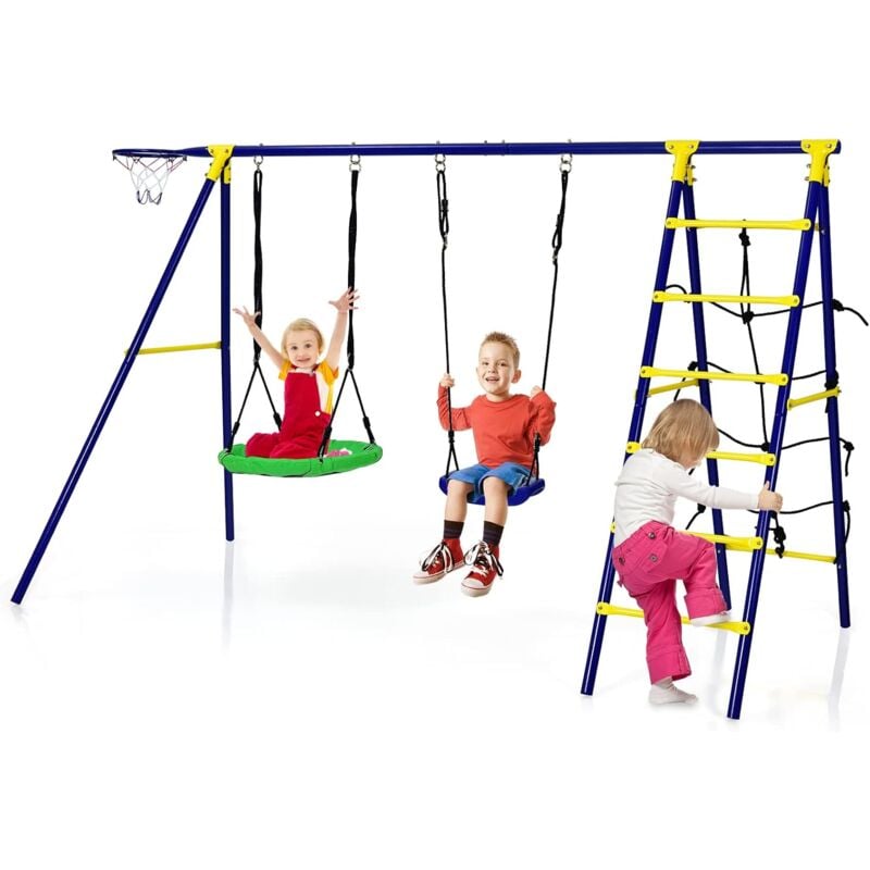 foto del prodotto costway 5 in 1 set altalena da giardino per bambini, con 2 altalene, 1 canestro da basket, 1 rete di arrampicata, 1 scala di arrampicata, ideale